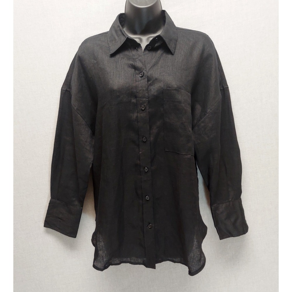 Zara Linen Top Womens S Black Relaxed 3/4 Sleeve Coastal Beach Button Shirt NWT